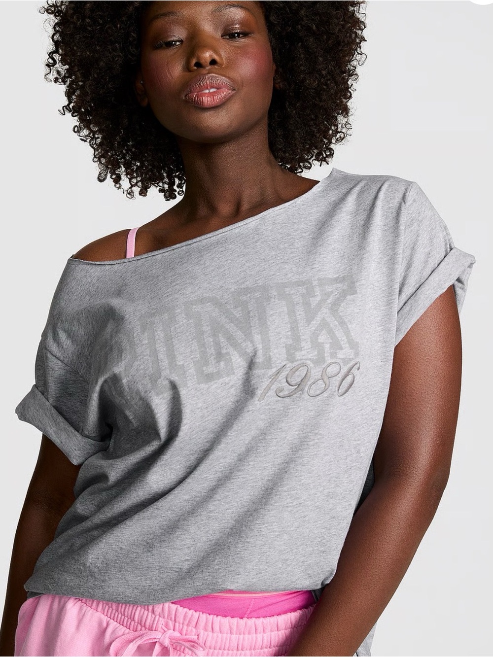 PINK Victoria's Secret Heather Gray Off-Shoulder Logo Tee, Size Medium